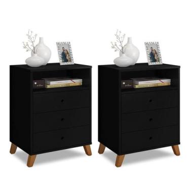 Imagem de Kit 2 criados de cabeceira retro pes palito 3 gavetas e 1 nicho preto 