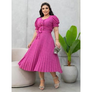 Imagem de Vestido Midi Elegante Plissado Manga Princesa com Babado e Botão Brilh