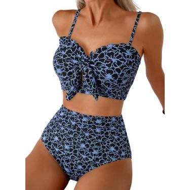 Imagem de Maiô Herseas 2 Peças Cintura Alta Push-Up Floral Azul