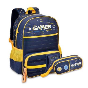 Imagem de Mochila Escolar com Estojo Vídeo Game Kit Gamer Masculino - Clio, Azul