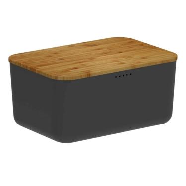 Imagem de Porta Pães com Tampa Migalheira Bambu 33cm Cesto Preto Organizador Bolos Biscoitos Ou