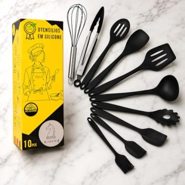 Imagem de Conjunto PRETO Utensílios Jogo Kit Profissional 10 Peças Cozinha Silicone Resistente a Altas Temperaturas Antiriscos BPA Free Colher Espátulas X-MATTE