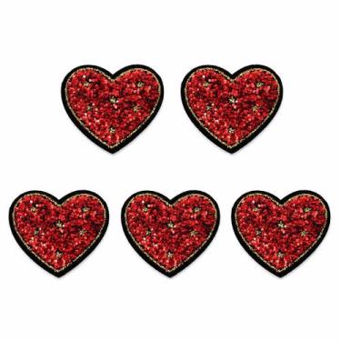 Imagem de Kit 5 Aplique Coração Bordado Com Paetês Brilhantes 4cm Para Customiza