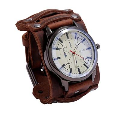 Imagem de Newmind Relógio vintage punk ponteiro couro 17-25 cm ajustável elegante moda relógio de pulso masculino pulseiras presente casual lazer feminino pulseiras negócios, Marrom