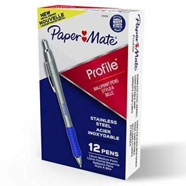 Imagem de Paper Mate Canetas esferográficas de perfil, caneta retrátil com barril de aço inoxidável, 1,0 mm, tinta azul, 12 unidades
