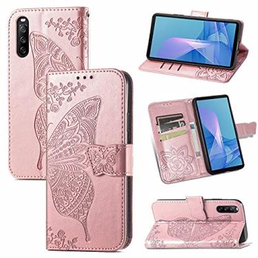 Imagem de YUNCHAO Caixa de telefone Para Sony Xperia 10 III Butterfly Love Flores em relevo caso de couro flip horizontal com suporte e carteira e cordão capa para celular