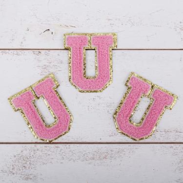 Imagem de Pacote com 3 adesivos de chenille ferro sobre purpurina com letras universitárias "U" - Tecido de chenille rosa com acabamento em glitter dourado - Costurar ou passar - 5,5 cm de altura
