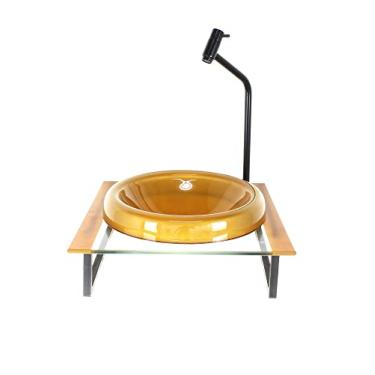 Imagem de GABINETE COM CUBA DE VIDRO CHAPEU 10MM COM TAMPO 40CM DOURADO REAL MAIS TORNEIRA METAL PRETA