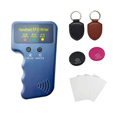 Imagem de HECERE Leitor de RFID gravador scanner copiadora para cópia 125 kHz TK4100/EM4100/EM4200/cartão de proximidade, incluindo adesivo de telefone anti-metal regravável de 125 kHz 2 peças, cartão branco 4 peças, chaveiro de couro 125 kHz 2 peças
