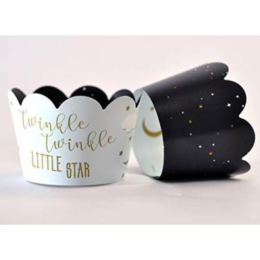 Imagem de Twinkle Twinkle Little Star Cupcake Wrappers para Revelações de Gênero, artigos de festa para chás de bebê, festas temáticas de estrelas e lua, temas de Rhyme para berçário. Conjunto de 24 envoltórios reversíveis para bolos de bojo recortado