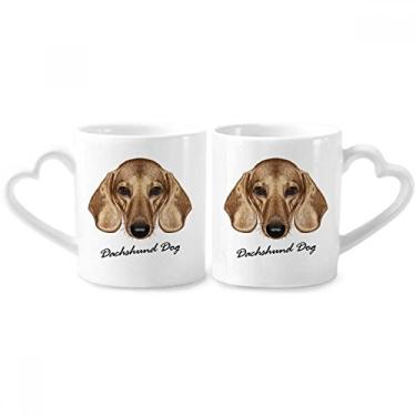 Imagem de Conjunto de canecas de porcelana marrom de cachorro Dachshund de perna curta com alça de coração de cerâmica