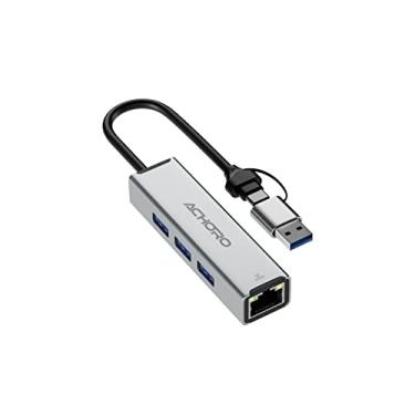 Imagem de ACHORO Expender de porta USB com LAN – Adaptador USB A integrado e USB C para porta USB Ethernet – Várias portas USB para PC, Mac – 3 portas USB extras de liga de alumínio com hub USB RJ45 (LAN e portas USB)