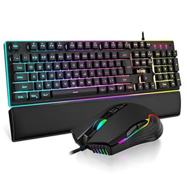 Imagem de RedThunder Combinação de teclado e mouse para jogos com fio K10, retroiluminação RGB, teclado anti-ghosting com sensação mecânica + mouse 7D 7200 DPI + descanso de pulso de couro macio 3 em 1 PC Acessórios para jogos (preto)