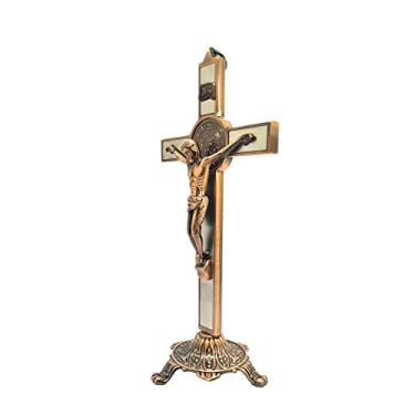 Imagem de Crucifixo Em Metal Para Parede E Mesa Resinado 20cm Estilizado com Pedestal Cruz Moderna Decoração para Altar Bronze