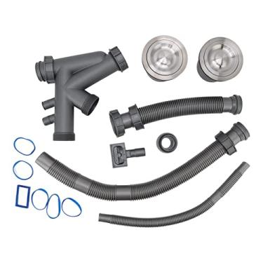 Imagem de EVTSCAN Kit de instalação de ralo de pia dupla universal completo de cozinha, coador de cesta de aço inoxidável, mangueira de PVC flexível, desviador de 3 vias, encanamento sob a pia para pia de