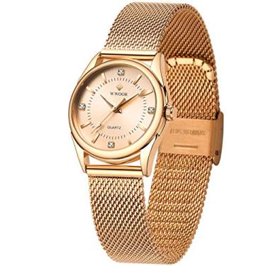 Imagem de Relógio feminino WWOOR de quartzo analógico com pulseira de malha de aço inoxidável à prova d'água e relógio de pulso casual feminino..., Rose Gold-52