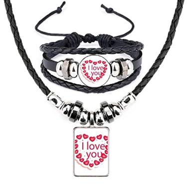 Imagem de Dia dos Namorados Coração Rosa I Love You Conjunto de joias pulseira colar de couro