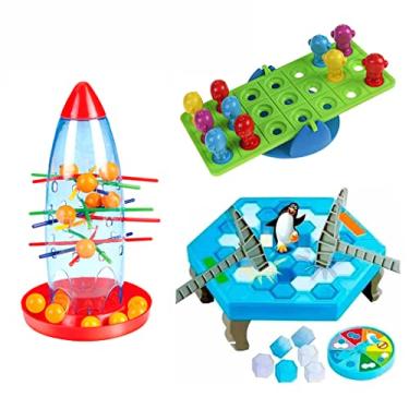 Imagem de Kit Jogo Pinguim Quebra Gelo + Jogo Gangorra do Macaco + Jogo Tira Varetas no Foguete - Linha Premium M5 Armarinhos