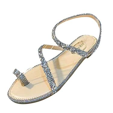 Imagem de Sandálias rasteiras com tiras de strass para mulheres elegantes verão outwear francês fada vento envolto com vento sapatos romanos (prata-2, 6,5)