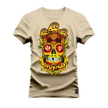 Imagem de Camiseta Plus Size Casual 100% Algodão Estampada Buda Brand Bege G2