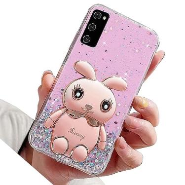 Imagem de Rnrieyta Miagon Rabbit Glitter Stand Case para Samsung Galaxy A03S, capa protetora de TPU macio transparente brilhante fina à prova de choque com suporte de coelho fofo, rosa