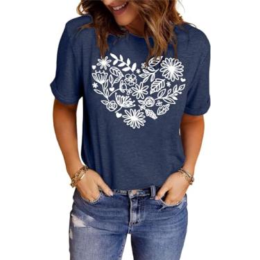 Imagem de Camiseta feminina com estampa floral floral floral de manga curta e flores silvestres, Azul-marinho, XXG