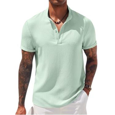 Imagem de COOFANDY Camiseta masculina casual Henley gola banda manga curta verão praia hippie camisetas, Verde gelo, XXG