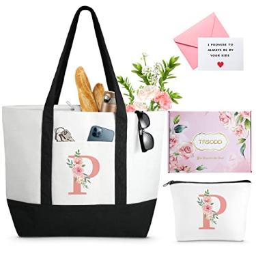 Imagem de Sacola floral grande para mulheres, bolsa de praia Can-vas com bolsa de maquiagem, personalizada amiga amiga anfitriã dama de honra Mrs Grandma Mom Presentes com bolso interno, top Zi-pper, caixa de
