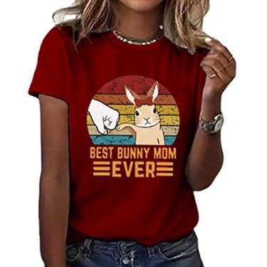 Imagem de PKDong Camiseta feminina de Páscoa com estampa Best Bunny Mum Ever com estampa fofa de ovo de coelho, presente de Páscoa, camiseta engraçada de gola redonda, Vermelho, GG