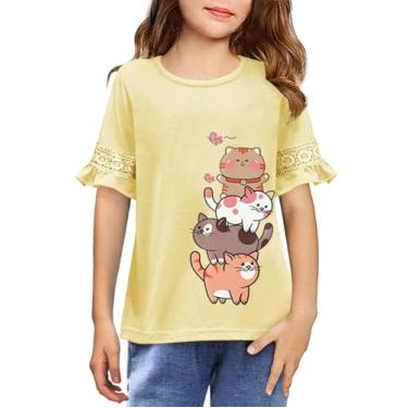 Imagem de Arshiner Camiseta infantil casual túnica de renda manga curta solta macia, Estampa de gato, 13-14 Anos
