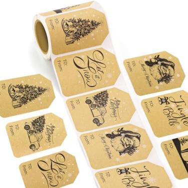 Imagem de PETOX 120 peças de adesivos de presente de Natal Kraft marrom, 6 designs, 5 x 7,6 cm, adesivos autoadesivos para sacolas de presente, cartões, envelopes, papel de embrulho, decoração de presente de