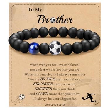 Imagem de Futebol Beisebol Basquete Presentes de Futebol Masculino Pulseiras com Contas Natural Olho de Tigre Pulseira Masculina Aniversário Presentes de Formatura para Filho Neto Bônus Filho Namorado Irmão,