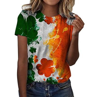 Imagem de Camiseta feminina de trevo do Dia de São Patrício com estampa de coração de trevo verde túnica com gola redonda e manga curta, Laranja, GG