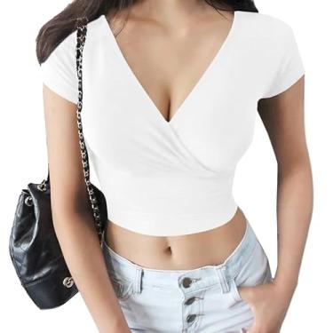 Imagem de LYANER Camiseta feminina com gola V profunda, manga curta, justa, lisa, cropped, Branco, G