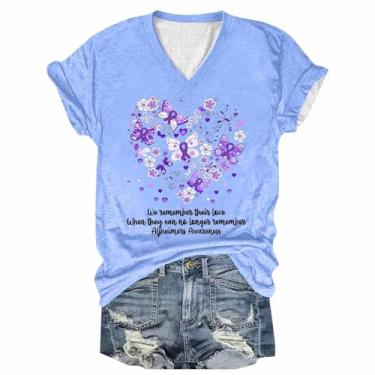 Imagem de PKDong Camisetas femininas de conscientização de Alzheimer, casual, gola V, manga curta, roxa, estampa floral, camisetas Alzheimers, Azul-celeste, P