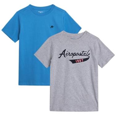 Imagem de AEROPOSTALE Camisetas para meninos - Pacote com 2 camisetas de manga curta - Camiseta clássica com gola redonda estampada para meninos (4-16), Azul/cinza, 5-6