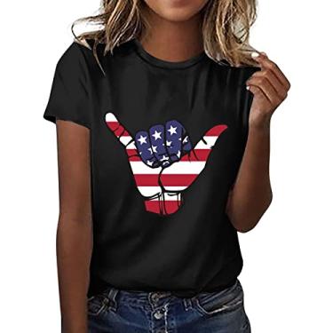 Imagem de Camisetas patrióticas femininas manga curta gola redonda camiseta 4th July Independence Day Shirt Funny Graphic Casual Tunics, Preto, XXG