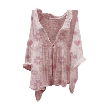 Imagem de Camisas de linho para mulheres, casuais, verão, floral, estampadas, camisetas grandes, com botões, gola V, blusa solta de manga comprida, rosa, XXG