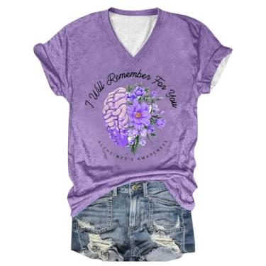 Imagem de Camisetas femininas de conscientização de Alzheimers verão floral blusa casual solta manga curta túnica gola V camisetas básicas, Bege, G