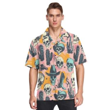 Imagem de CHIFIGNO Camisas masculinas havaianas de praia verão camisas casuais de botão manga curta camisa de ajuste solto, Cowboy Elements Skulls Cactus, XXG