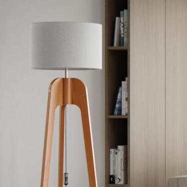 Imagem de Abajur de Chão Luminária Tripé Madeira Cúpula de Tecido Palha Premium