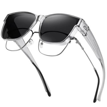 Imagem de Kelinln Óculos de sol para homens e mulheres, óculos de sol polarizados quadrados leves para usar sobre os óculos, proteção UV, Armação cinza, lente cinza, Regular