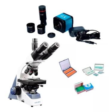 Imagem de Microscópio Trinocular Ótica Finita Acromático LED, Aumento 1600x, com Câmera Digital 14MP HDMI USB, Global Optics NO115T1-NO292