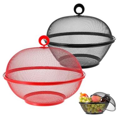 Imagem de MAQUITA 2 peças cesta de frutas de malha de verão com tampa capa protetora de frutas suporte de frutas arame de bancada tigela de frutas metal coador de vegetais acessórios de cozinha para cozinha