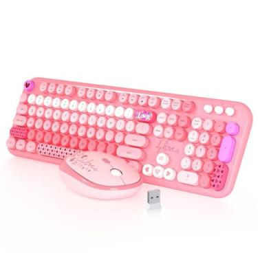 Imagem de Teclado e mouse sem fio, MOFII 104 teclas redondas adorável tamanho completo bonito colorido teclado e mouse com máquina de escrever retrô para PC/Mac/Laptop/Tablet/Computador/Windows Rosa