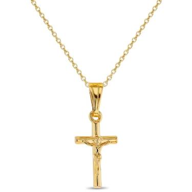 Imagem de Colar com pingente de cruz de Jesus crucifixo pequeno banhado a ouro 18 k In Season Jewelry 40,6 cm
