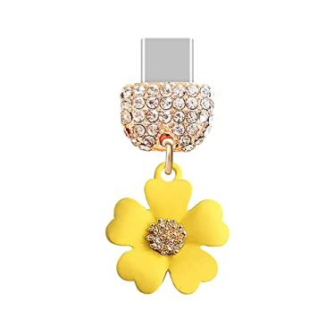 Imagem de ELISE & FONDA TP89 Tipo-C porta de carregamento USB cristal antipoeira pequena flor pingente de celular para Samsung Galaxy/Huawei/OnePlus/Xiaomi/oppo novos telefones Android (amarelo), approx. 1.9 cm