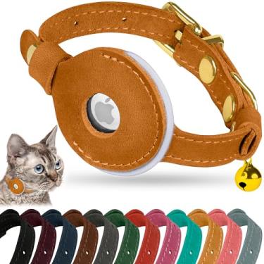 Imagem de OOPSDOGGY Coleira AirTag de couro refletivo para gatos com sino - Coleira ajustável para animais de estimação com suporte para Apple Air Tag - Coleiras leves com GPS para filhotes de cachorro pequeno