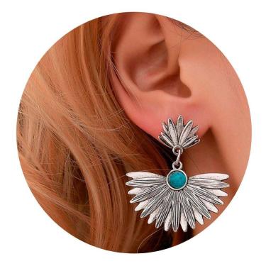 Imagem de Brinco Feminino Pendentes tipo leque Turquesa Festa Luxo