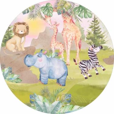 Imagem de Painel de Lona Redondo Animais na savana Safari Folhas Tropicais Aquar